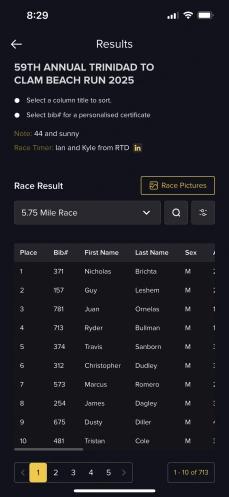 Live race results table on a phone showing finishers by place, bib, and name