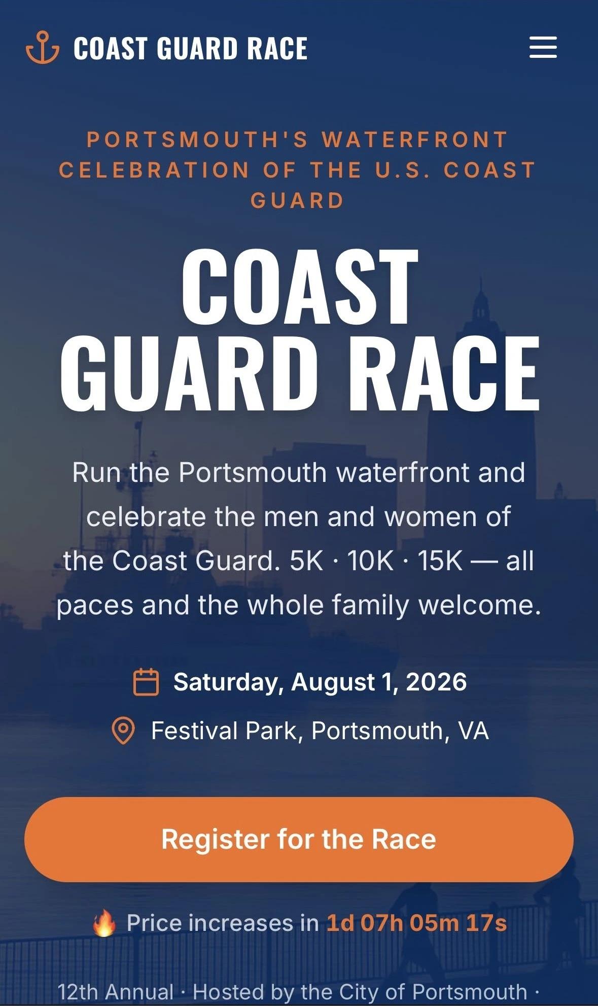 Live Coast Guard Race registration site on a phone, showing custom branding, 5K/10K/15K distances, and a price-increase countdown