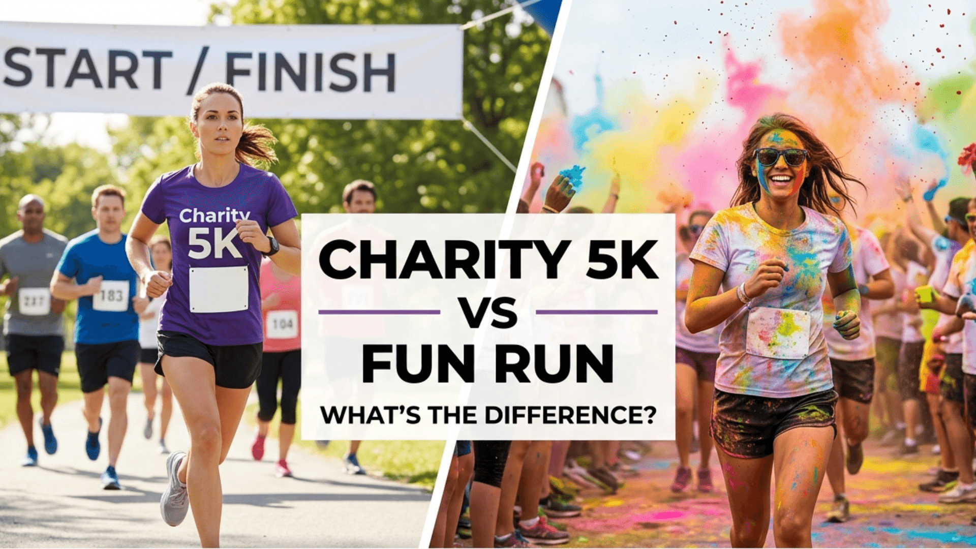 Charity 5K vs fun run comparison showing runners and color run event
